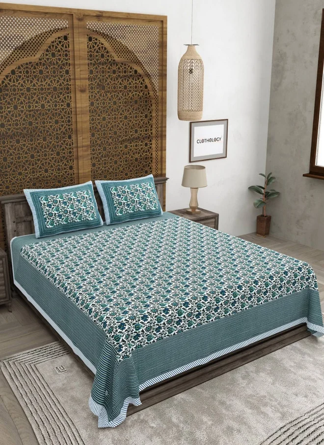 CLOTHOLOGY CLOTHOLOGY Green & White Printed Pure Cotton 180 TC King Bedsheet Set
