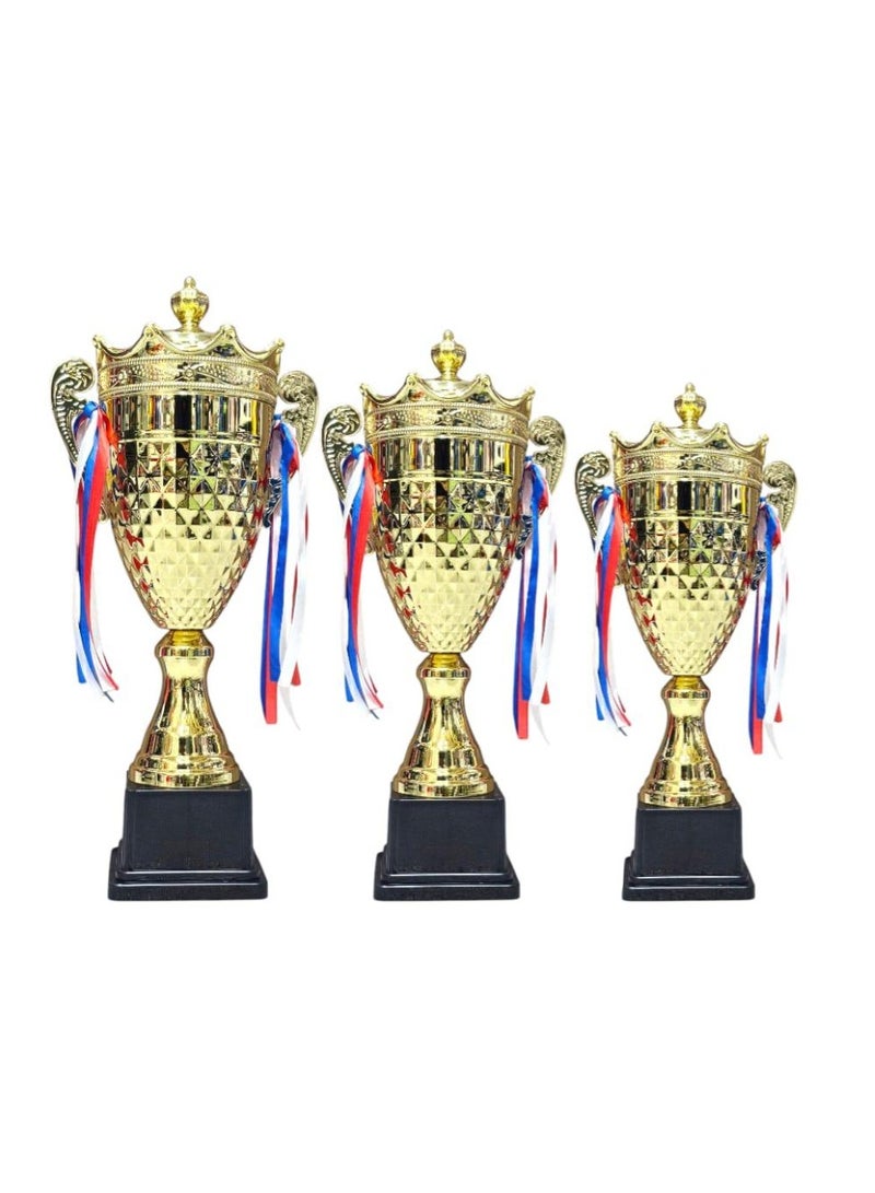 سبال مجموعة من 3 كؤوس ذهبية - 55 سم، 48 سم، 43 سم - كؤوس جوائز معدنية للفعاليات الرياضية، والمسابقات المدرسية، وكرة القدم، والكريكيت، وكرة السلة، والإنجازات الأكاديمية، وجوائز الشركات - Image 1