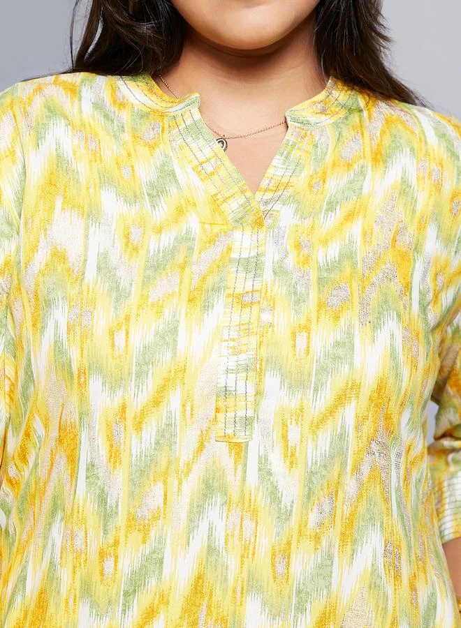 globus Globus Plus Size Yellow Chevron Print Zari Detail Kurta and Pants Workwear Set