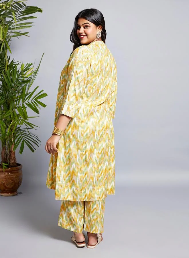 globus Globus Plus Size Yellow Chevron Print Zari Detail Kurta and Pants Workwear Set