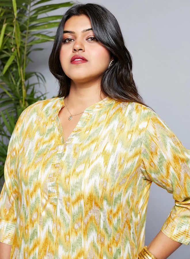 globus Globus Plus Size Yellow Chevron Print Zari Detail Kurta and Pants Workwear Set