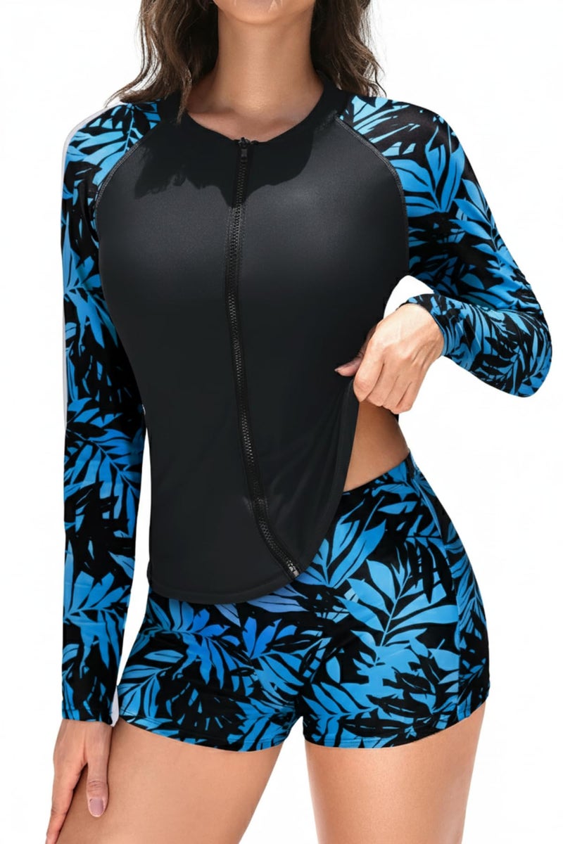Holipick Black and Leaves 2 Piece Rash Guard for Women Long Sleeve Swimsuit with Shorts UPF 50 Zipper Swim Shirt M - Image 2