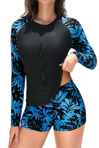 Holipick Black and Leaves 2 Piece Rash Guard for Women Long Sleeve Swimsuit with Shorts UPF 50 Zipper Swim Shirt M - Image 1