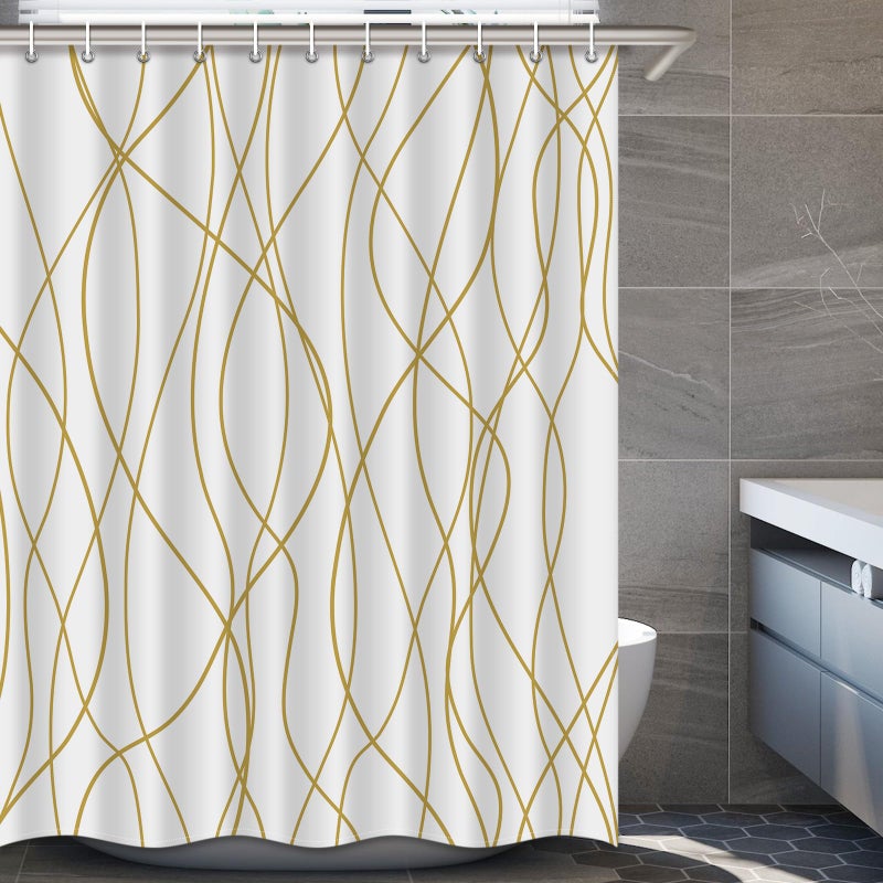 Punkray Gold Light Brown and White Striped Wavy Line Fabric Shower Curtain for Bathroom with Hooks  Extra Long Shower Curtain Set Stripe Bath Curtains Decor Weighted Hem Washable  72x78 - Image 1