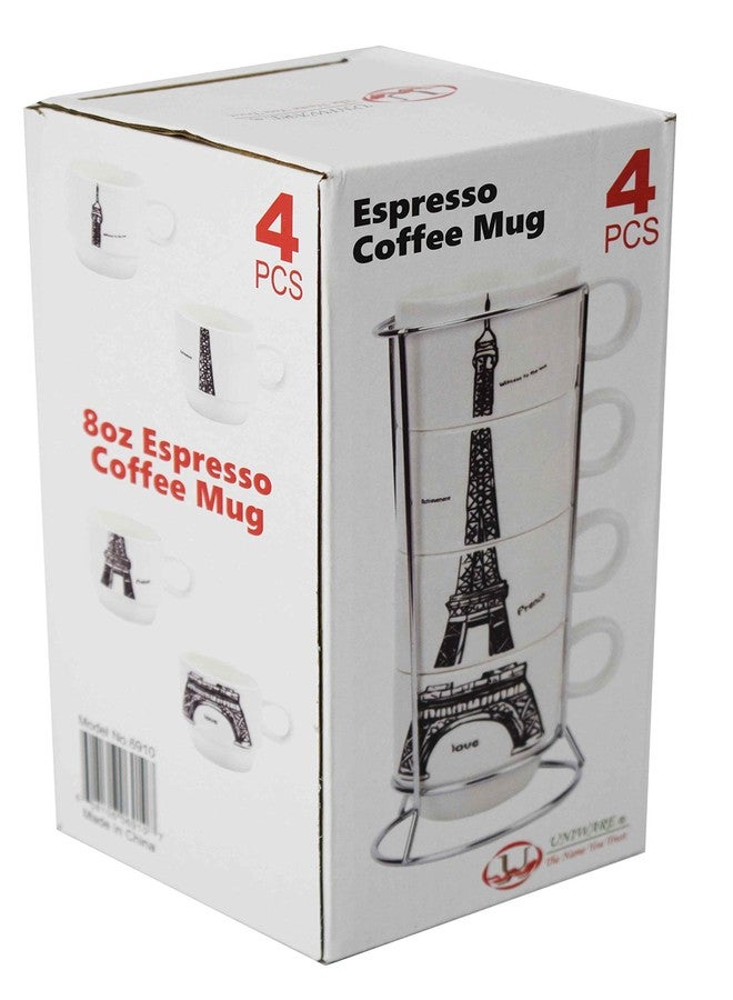 يونيوير طقم أكواب قهوة إسبريسو من البورسلين بتصميم برج إيفل باريس من Uniware Chic، مع حامل من الفولاذ المقاوم للصدأ، وعلبة هدايا (مجموعة من 4 أكواب) - Image 3