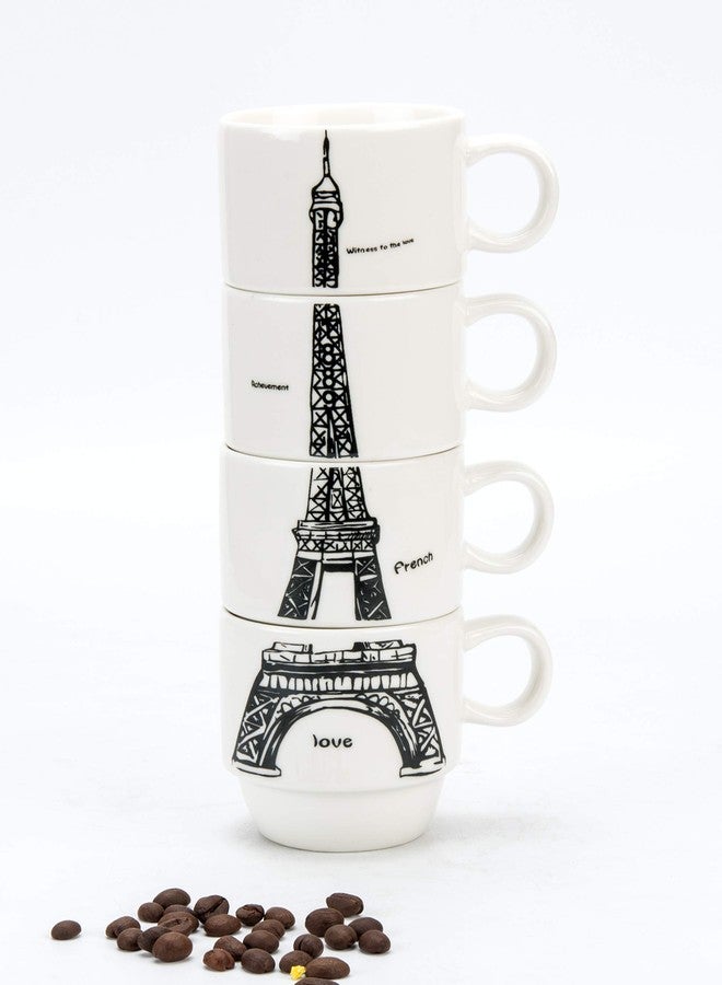 يونيوير طقم أكواب قهوة إسبريسو من البورسلين بتصميم برج إيفل باريس من Uniware Chic، مع حامل من الفولاذ المقاوم للصدأ، وعلبة هدايا (مجموعة من 4 أكواب) - Image 2