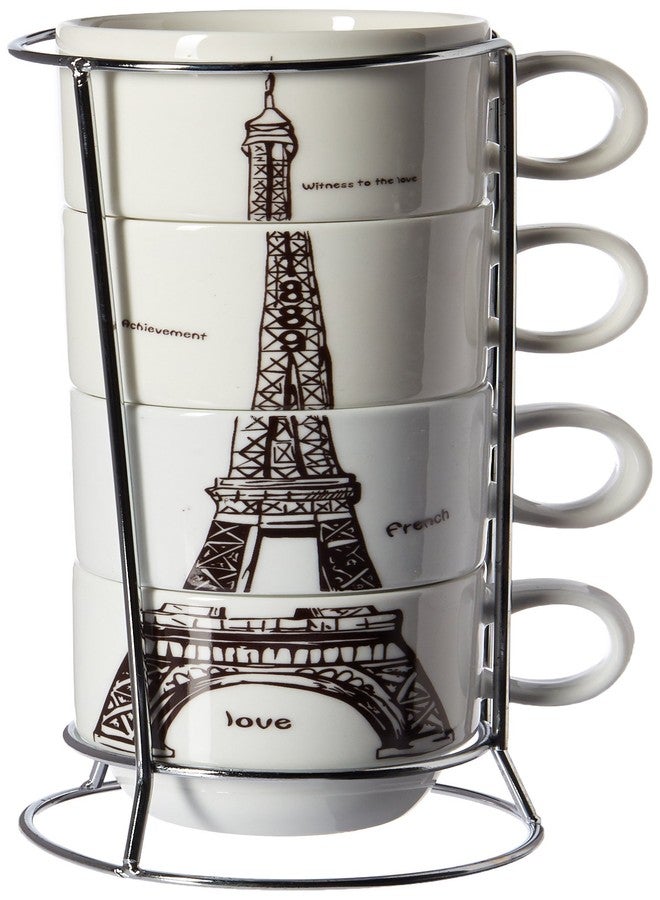 يونيوير طقم أكواب قهوة إسبريسو من البورسلين بتصميم برج إيفل باريس من Uniware Chic، مع حامل من الفولاذ المقاوم للصدأ، وعلبة هدايا (مجموعة من 4 أكواب) - Image 4