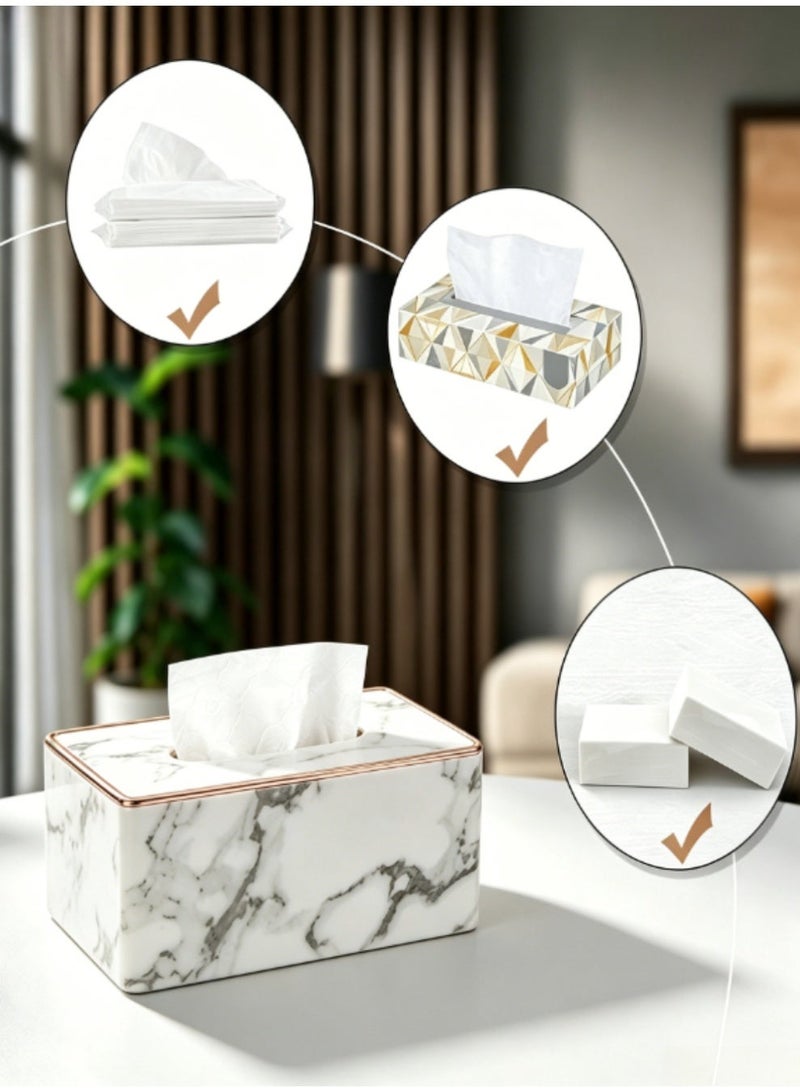 jaexest Tissue Box Cover Stylish PU Leather Rectangular Tissue Box Holder with Magnetic Bottom Cover for Bathroom Bedroom or Office (White Marble Pattern with Rose Goldn Border) - Image 2