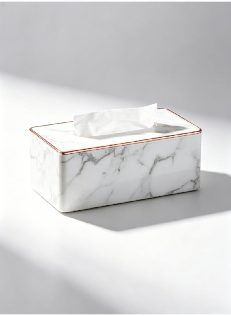 jaexest Tissue Box Cover Stylish PU Leather Rectangular Tissue Box Holder with Magnetic Bottom Cover for Bathroom Bedroom or Office (White Marble Pattern with Rose Goldn Border) - Image 1