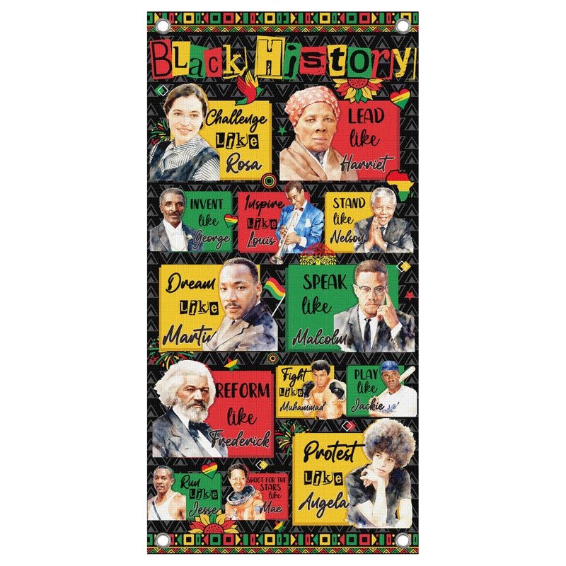 EoBeCy Black History Month Door Decorations, Black History Collage Door Cover, Inspirational Quote Banner Backdrop for Classroom School Celebration Party Decor (71" x 35") - Image 1