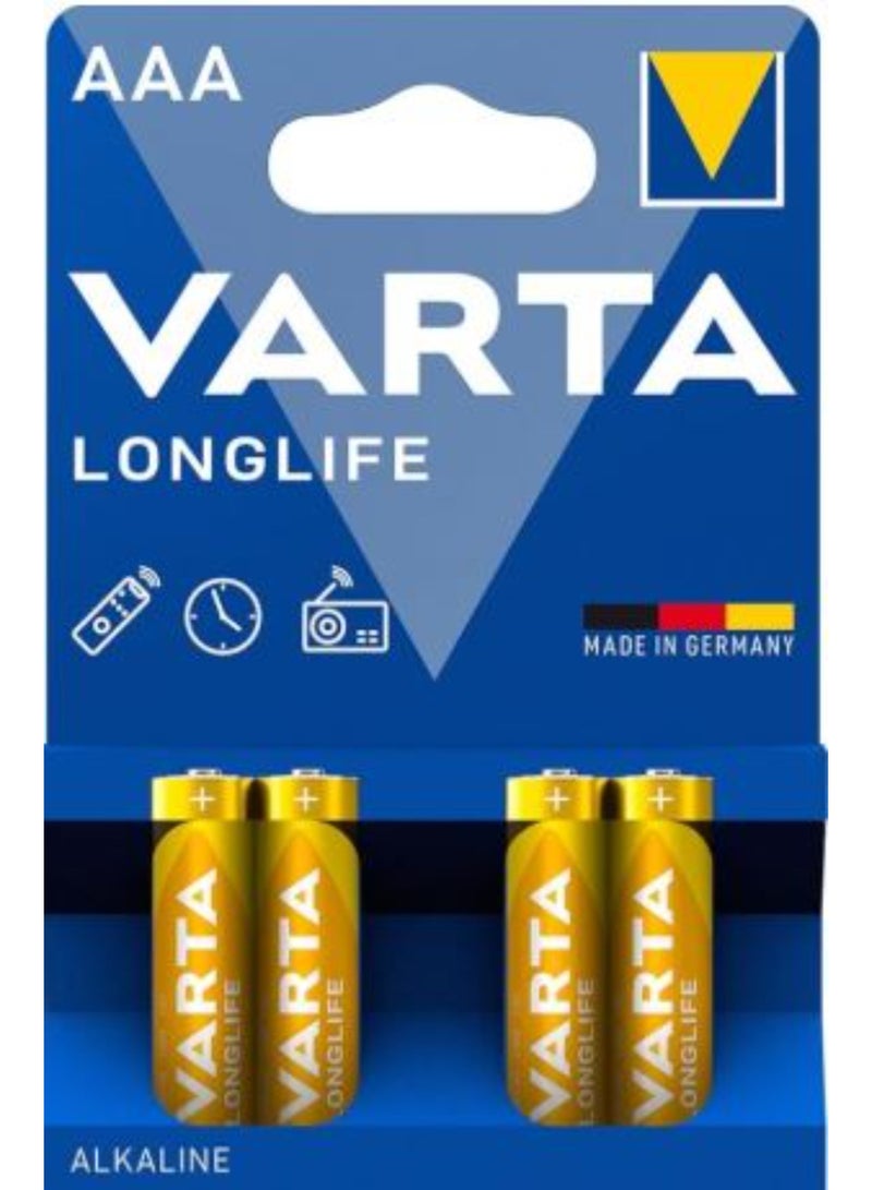 4 Pieces VARTA Longlife AAA Alkaline Battery High performance, Long-lasting Batteries for Everyday Devices - Ideal for Remote Controls, Toys, Flashlights,