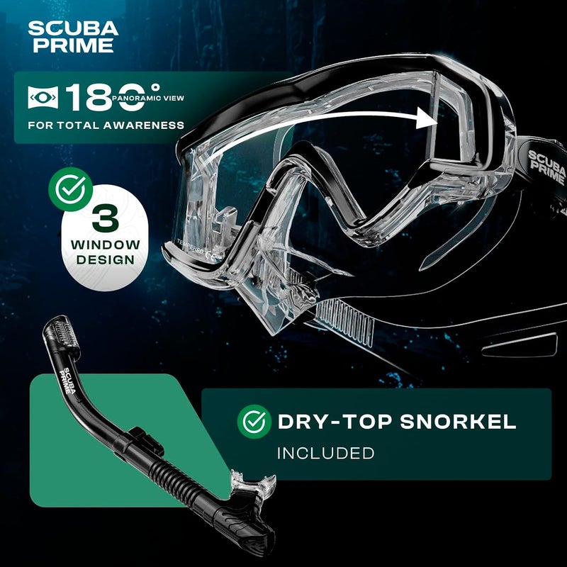 Pano 3 Snorkeling Set with Dry Top Snorkel, 180° Panoramic Dive Mask Tempered Glass Three-Window Scuba Mask, Foldable Silicone Tube Anti-Leak Gear for Men Women Teens Adults, 4 Color Options - Image 3