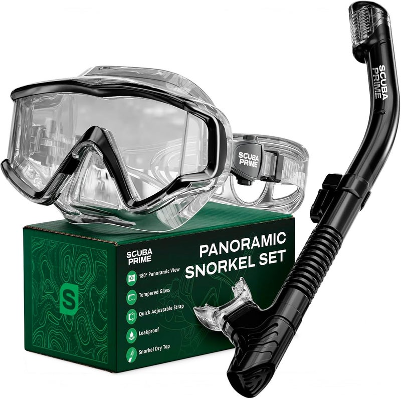 Pano 3 Snorkeling Set with Dry Top Snorkel, 180° Panoramic Dive Mask Tempered Glass Three-Window Scuba Mask, Foldable Silicone Tube Anti-Leak Gear for Men Women Teens Adults, 4 Color Options - Image 1