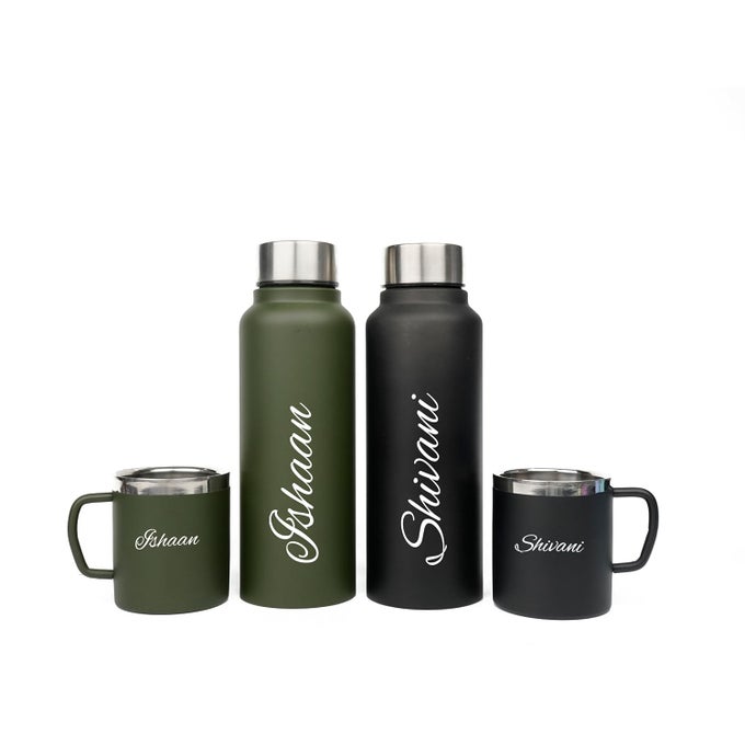 CUSTOMIZED STAINLESS STEEL WATER BOTTLE WITH MUG WITH NAME ENGRAVE | PERSONALIZED ANNIVERSARY COUPLE GIFT SET FOR HUSBAND, WIFE, MEN AND WOMEN | CUSTOMIZED COUPLE GIFT (BLACK)