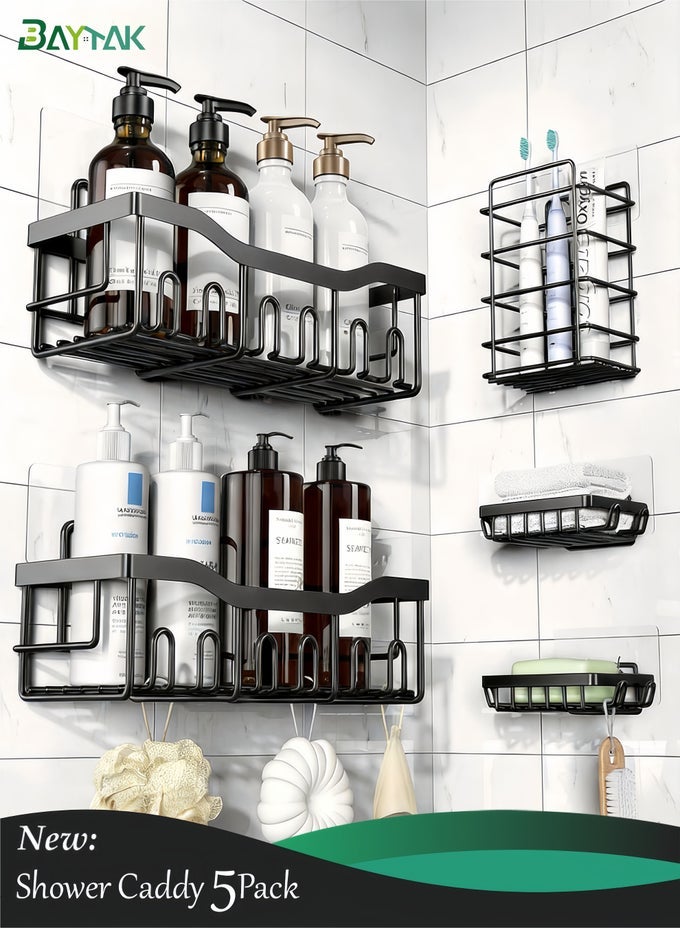 5-PIECE BATHROOM SHELVES, CORNER SHOWER SHELF,SHOWER CADDY SET, ADHESIVE BATHROOM ORGANIZER NO DRILLING, WALL MOUNTED RACK WITH SOAP AND TOOTHBRUSH HOLDER, BLACK