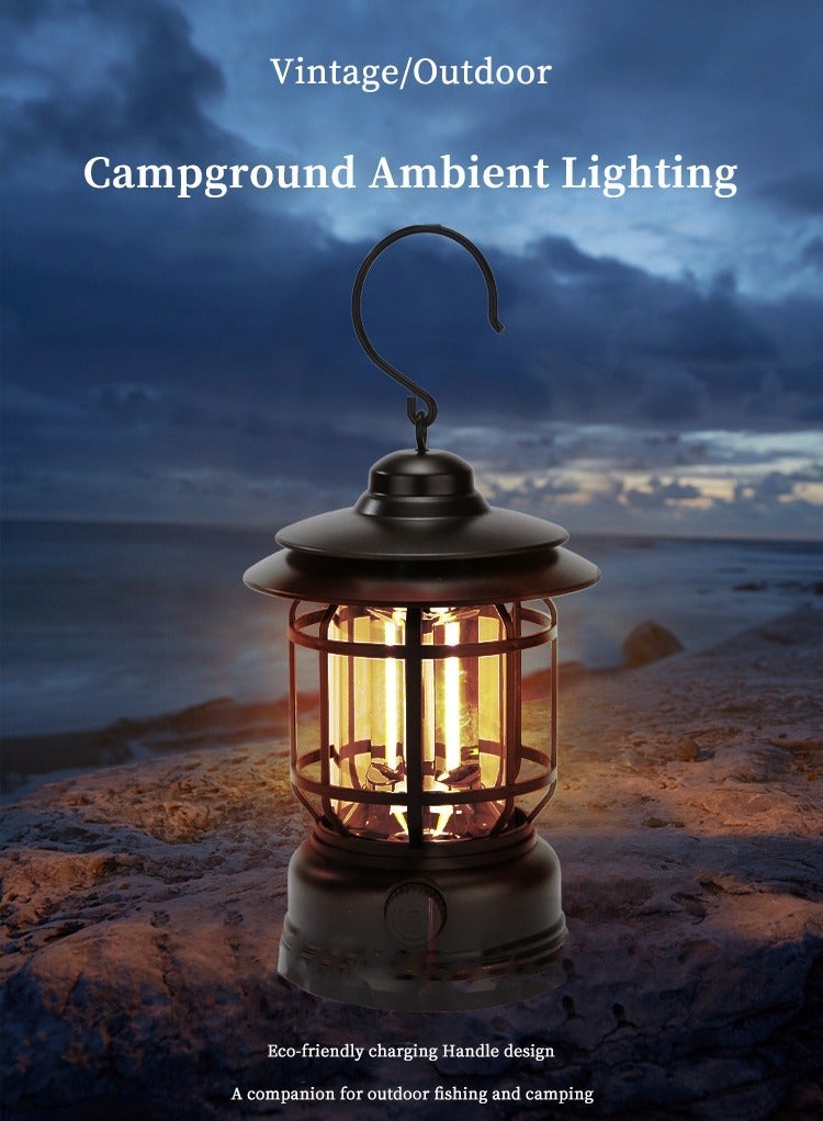 هيلو بوكس فانوس تخييم ريترو مصباح تخييم محمول قابل للشحن قابل لإعادة الشحن IPX4 مصباح تخييم مقاوم للماء معلق قابل للتعتيم COB ضوء خيمة خفيف السطوع للتنزه في الهواء الطلق حديقة صيد الأسماك في حالات الطوارئ أبيض - Image 1