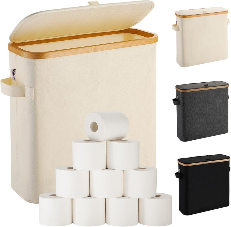 FuBegi Toilet Paper Storage Basket with Lid for Mega Rolls, Large Bamboo Toilet Paper Organizer Storage Holder Stand for Bathroom, Enclosed Toilet Paper Tissue Storage Bin Box Container Free Standing, Beige - Image 1