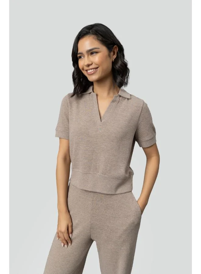 NeceSera Beige Ottoman Rib Polo Top