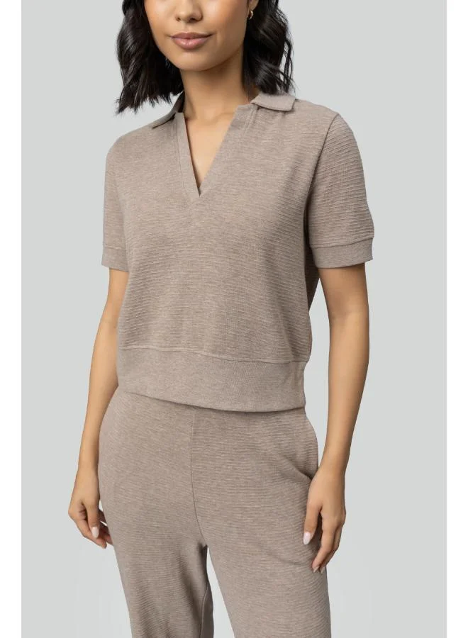 NeceSera Beige Ottoman Rib Polo Top
