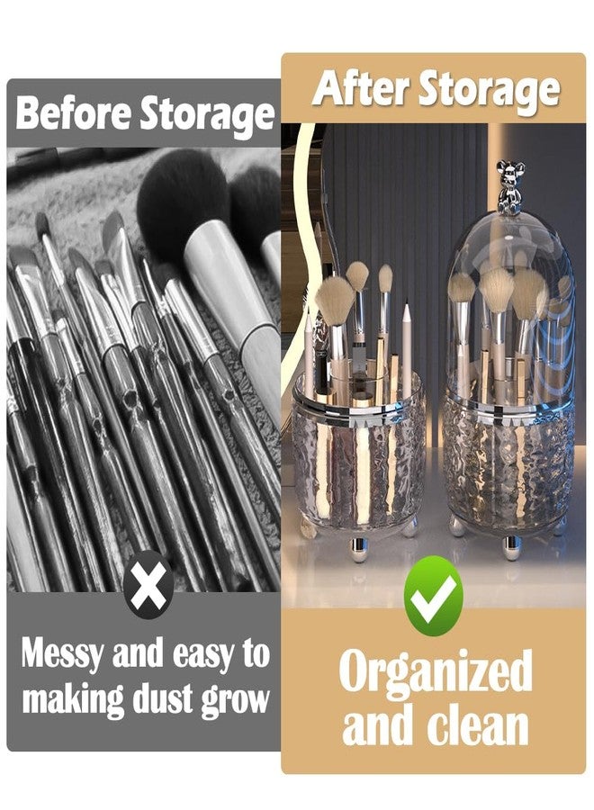 HMIEPRS Makeup Brush Holder Organizer with Lid, 360°Rotating Dustproof Makeup Brushes Organizer, 4 Compartment Make Up Brushes Cup for Vanity Desktop Bathroom Countertop (Gray) - Image 2