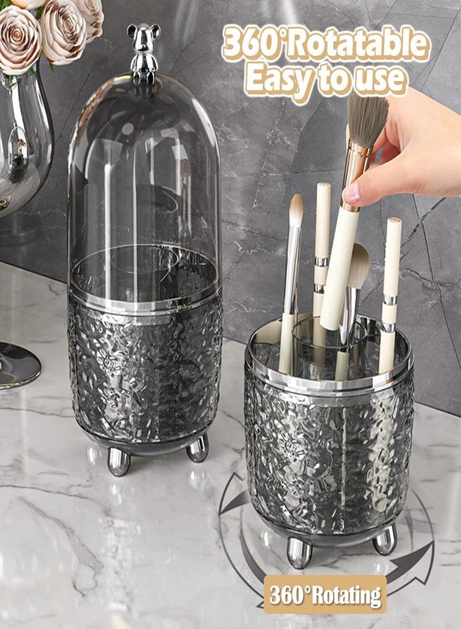 HMIEPRS Makeup Brush Holder Organizer with Lid, 360°Rotating Dustproof Makeup Brushes Organizer, 4 Compartment Make Up Brushes Cup for Vanity Desktop Bathroom Countertop (Gray) - Image 5