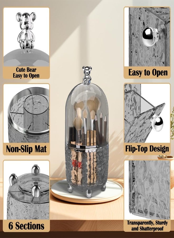 HMIEPRS Makeup Brush Holder Organizer with Lid, 360°Rotating Dustproof Makeup Brushes Organizer, 4 Compartment Make Up Brushes Cup for Vanity Desktop Bathroom Countertop (Gray) - Image 4