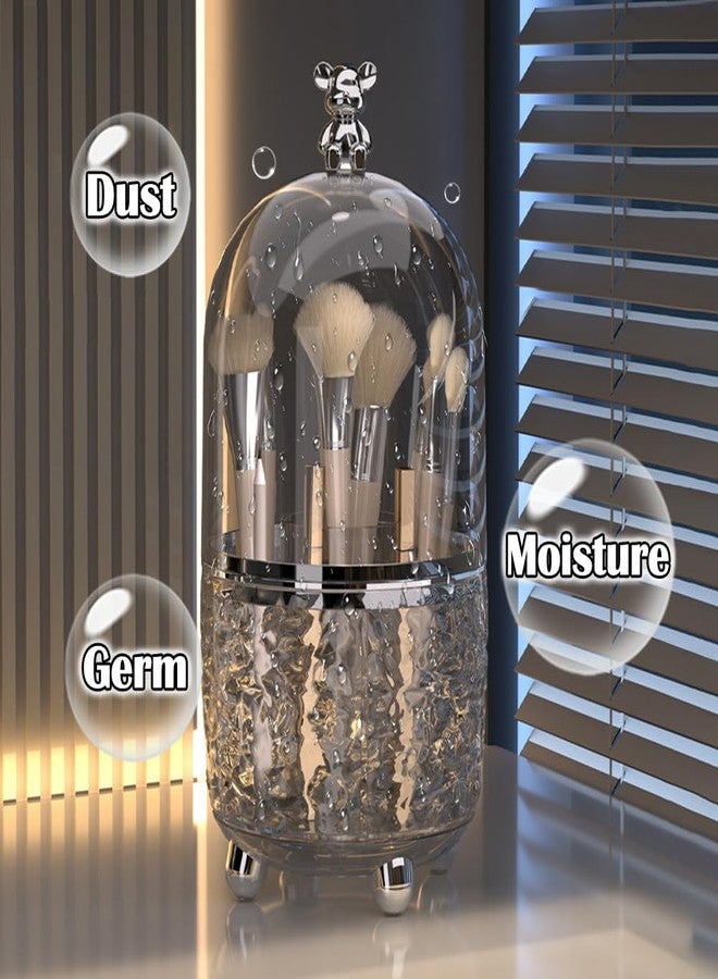 HMIEPRS Makeup Brush Holder Organizer with Lid, 360°Rotating Dustproof Makeup Brushes Organizer, 4 Compartment Make Up Brushes Cup for Vanity Desktop Bathroom Countertop (Gray) - Image 3