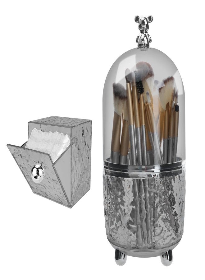 HMIEPRS Makeup Brush Holder Organizer with Lid, 360°Rotating Dustproof Makeup Brushes Organizer, 4 Compartment Make Up Brushes Cup for Vanity Desktop Bathroom Countertop (Gray) - Image 1