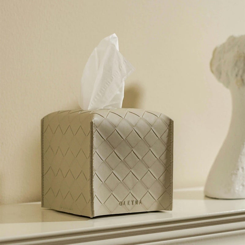 OLETHA Square Tissue Box Cover - Aesthetic Desk Decor for Room, Home & Office - Tissues Cube Boxes Holder - Woven Textured, Light Taupe - Image 2