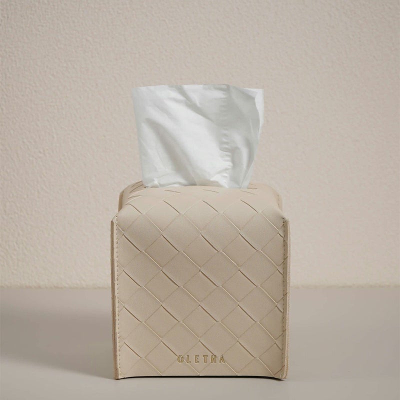 OLETHA Square Tissue Box Cover - Aesthetic Desk Decor for Room, Home & Office - Tissues Cube Boxes Holder - Woven Textured, Light Taupe - Image 5