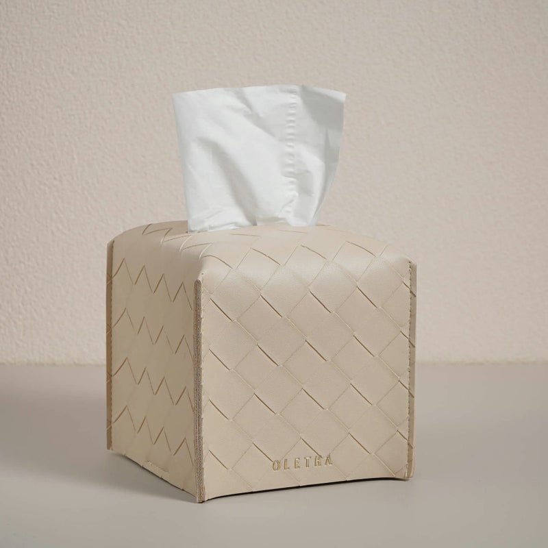 OLETHA Square Tissue Box Cover - Aesthetic Desk Decor for Room, Home & Office - Tissues Cube Boxes Holder - Woven Textured, Light Taupe - Image 1