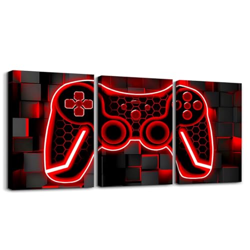 Feelyou Gamer Canvas Art 3 Piece Red Black Ombre Wall Decor 12x16 Gaming Room Decorations - Image 1