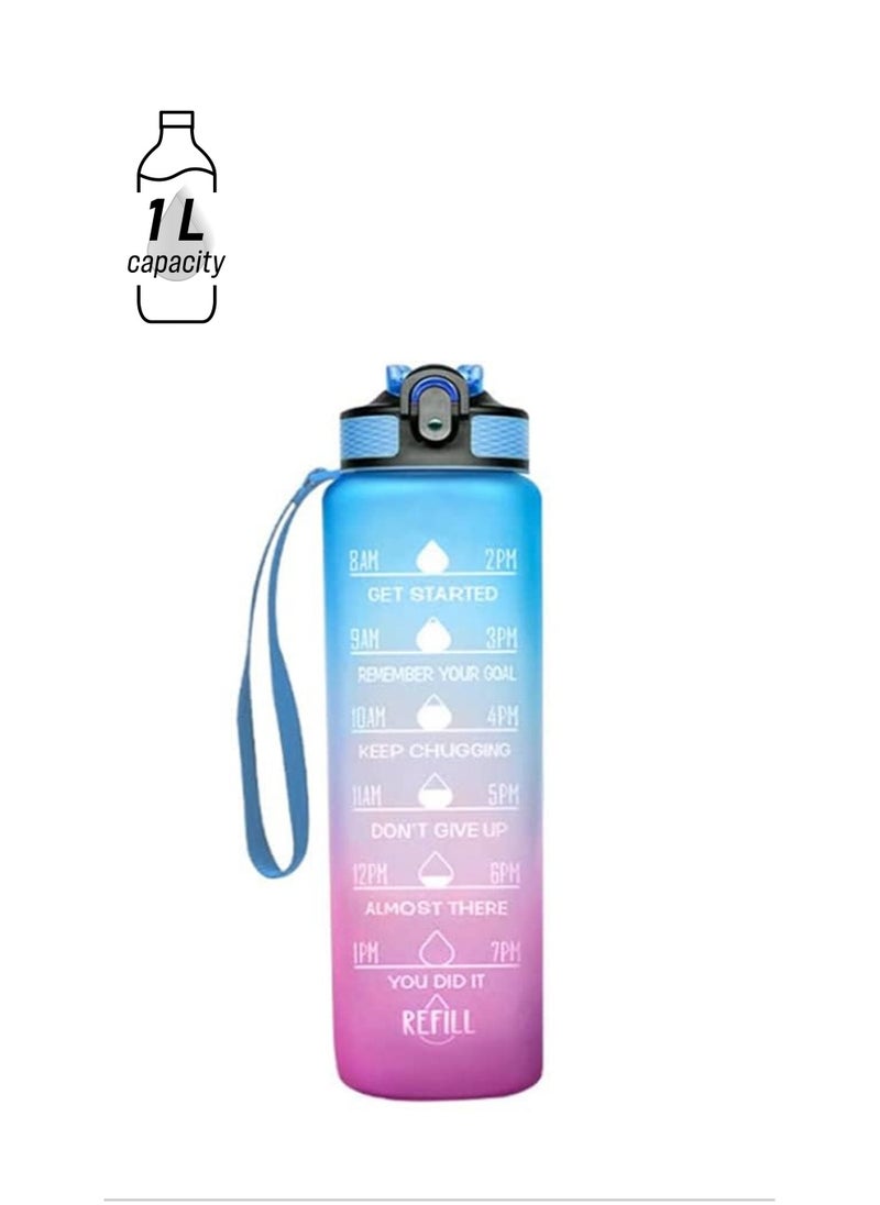 Brain Giggles BrainGiggles Sports Water Bottle with Time Marker Leakproof BPA Free 1L 32 Oz Large Reusable Waterbottle - Blue/Pink  - Image 1
