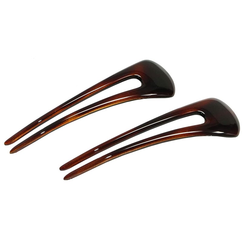 Parcelona French Long Duo Tortoise Shell Brown Large 475 Celluloid Set of 2 Chignon Hair Bun Pins for Girls and Women