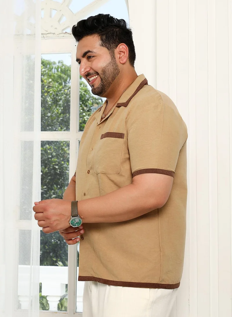 Instafab Plus Instafab Plus Men's Tan Brown Contrast-Cuban Shirt For Casual Wear | Cuban Collar | Short Regular Sleeves | Button Closure | Plus Size Shirt Crafted With Comfort Fit For Everyday Wear
