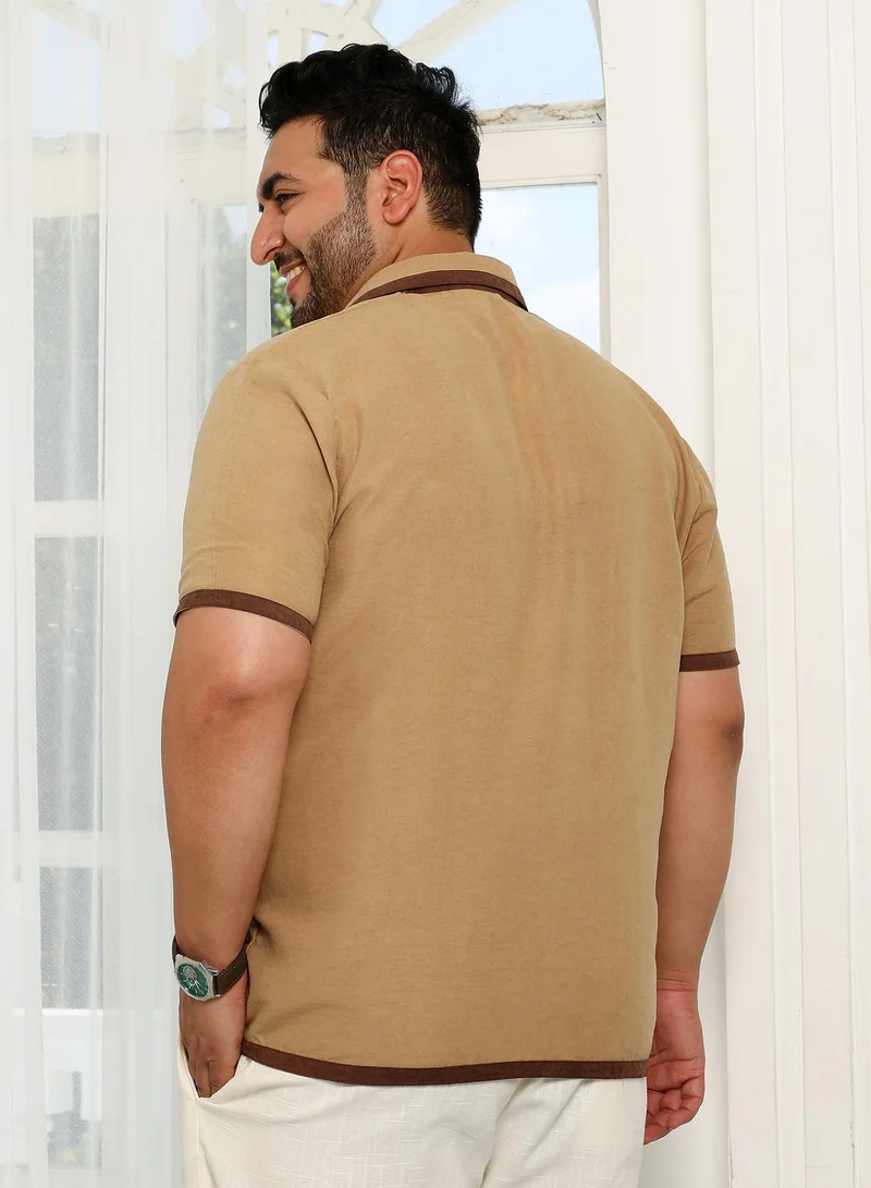 Instafab Plus Instafab Plus Men's Tan Brown Contrast-Cuban Shirt For Casual Wear | Cuban Collar | Short Regular Sleeves | Button Closure | Plus Size Shirt Crafted With Comfort Fit For Everyday Wear