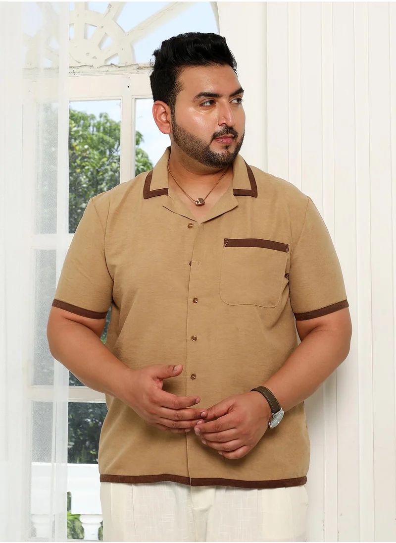انستافاب بلس Instafab Plus Men's Tan Brown Contrast-Cuban Shirt For Casual Wear | Cuban Collar | Short Regular Sleeves | Button Closure | Plus Size Shirt Crafted With Comfort Fit For Everyday Wear