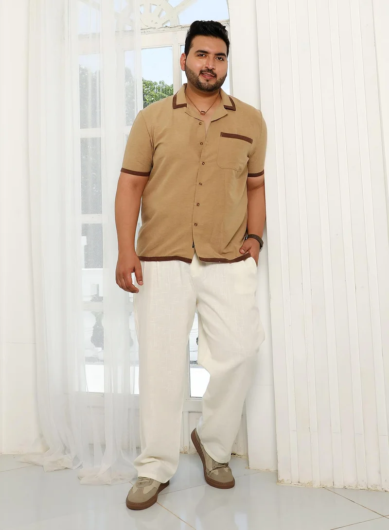 Instafab Plus Instafab Plus Men's Tan Brown Contrast-Cuban Shirt For Casual Wear | Cuban Collar | Short Regular Sleeves | Button Closure | Plus Size Shirt Crafted With Comfort Fit For Everyday Wear