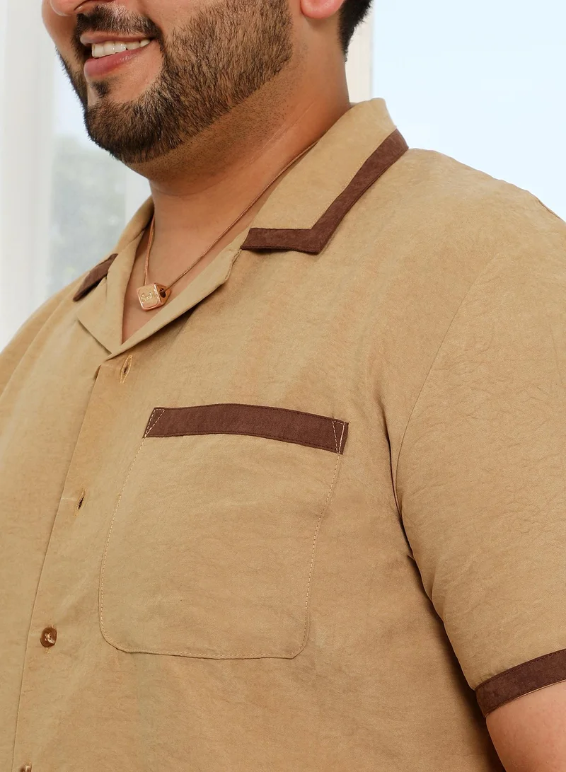Instafab Plus Instafab Plus Men's Tan Brown Contrast-Cuban Shirt For Casual Wear | Cuban Collar | Short Regular Sleeves | Button Closure | Plus Size Shirt Crafted With Comfort Fit For Everyday Wear