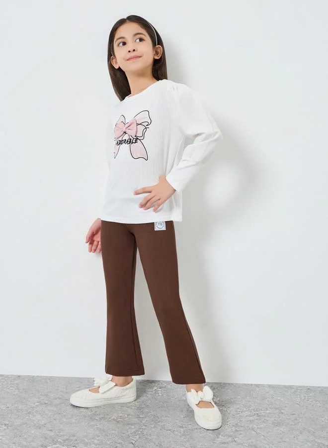 Styli Girls Brown Badge Detail Elastic Waist Leggings