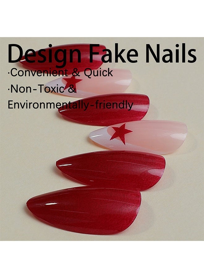 Nails,Press on nails 24PCS, New Handmade Press-On Nails, French Edge Red Star Pure Color Almond-Shaped Nail Tips, the Perfect Combination of Elegance and Personality, Fake Acrylic Nails With Nail Glue Kit. - Image 3