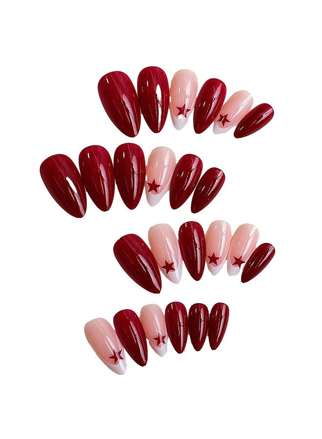 Nails,Press on nails 24PCS, New Handmade Press-On Nails, French Edge Red Star Pure Color Almond-Shaped Nail Tips, the Perfect Combination of Elegance and Personality, Fake Acrylic Nails With Nail Glue Kit. - Image 2