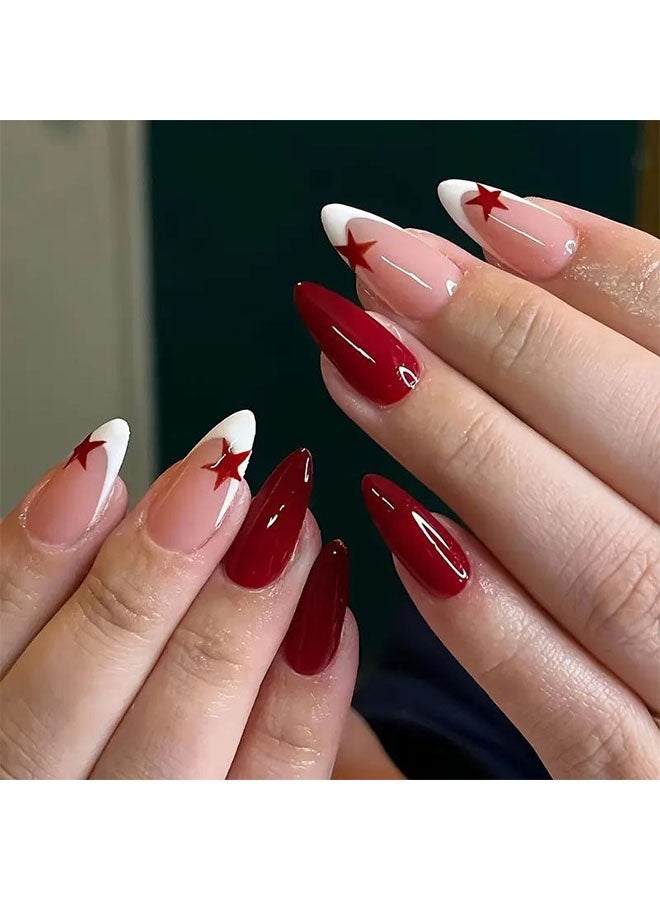 Nails,Press on nails 24PCS, New Handmade Press-On Nails, French Edge Red Star Pure Color Almond-Shaped Nail Tips, the Perfect Combination of Elegance and Personality, Fake Acrylic Nails With Nail Glue Kit. - Image 1