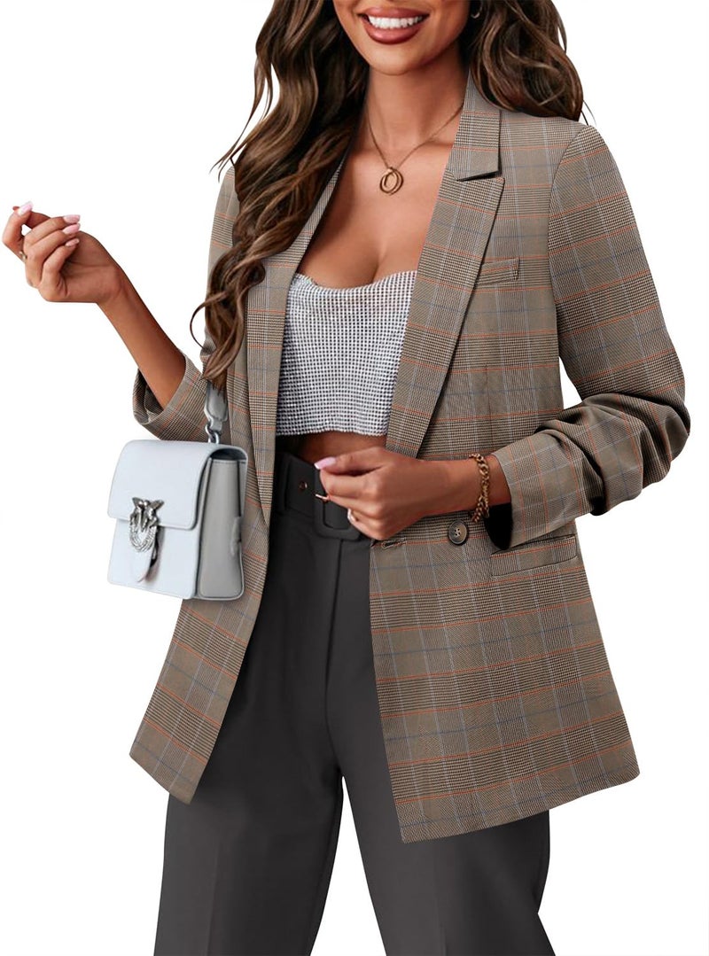 CRAZY GRID Women Business Casual Blazer Jacket Fashion Plus Size Blazer Ladies Buttons Work Professional Formal Office Suit Jacket Oversize 3XL Brown Plaid - Image 2