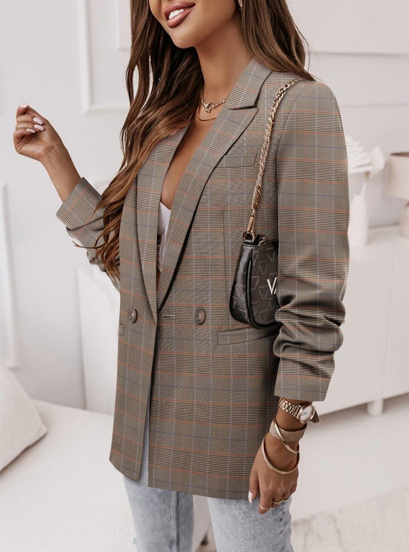 CRAZY GRID Women Business Casual Blazer Jacket Fashion Plus Size Blazer Ladies Buttons Work Professional Formal Office Suit Jacket Oversize 3XL Brown Plaid - Image 3