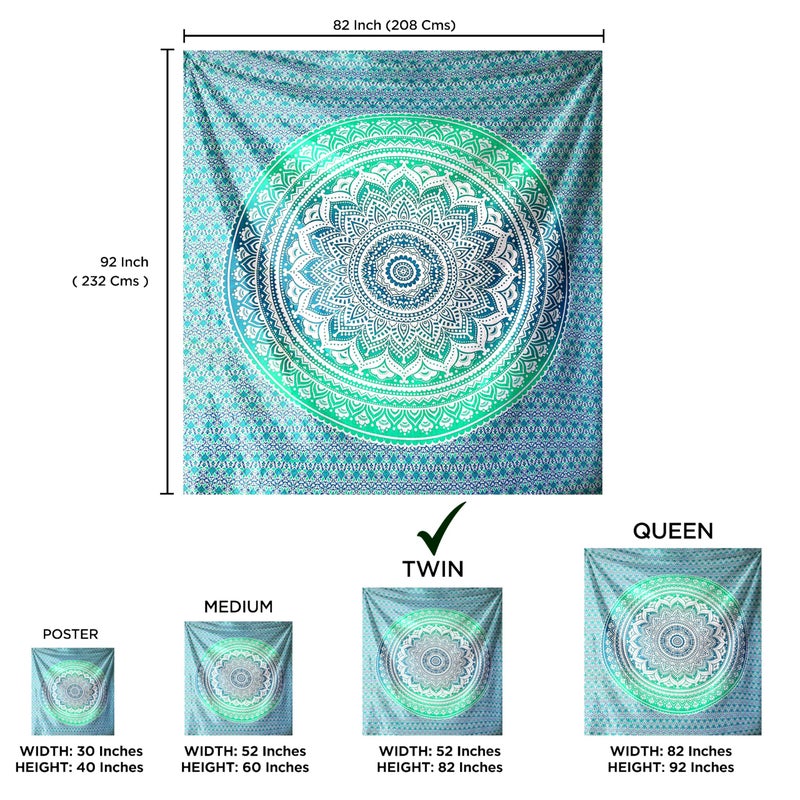 raajsee raajsee Green Ombre Mandala Tapestry Wall Hanging,Indian Cotton Beach Throw Blanket Hippie Tapestries,Boho Decor,Meditation Yoga Mat Rugs,52x82 inches  - Image 2