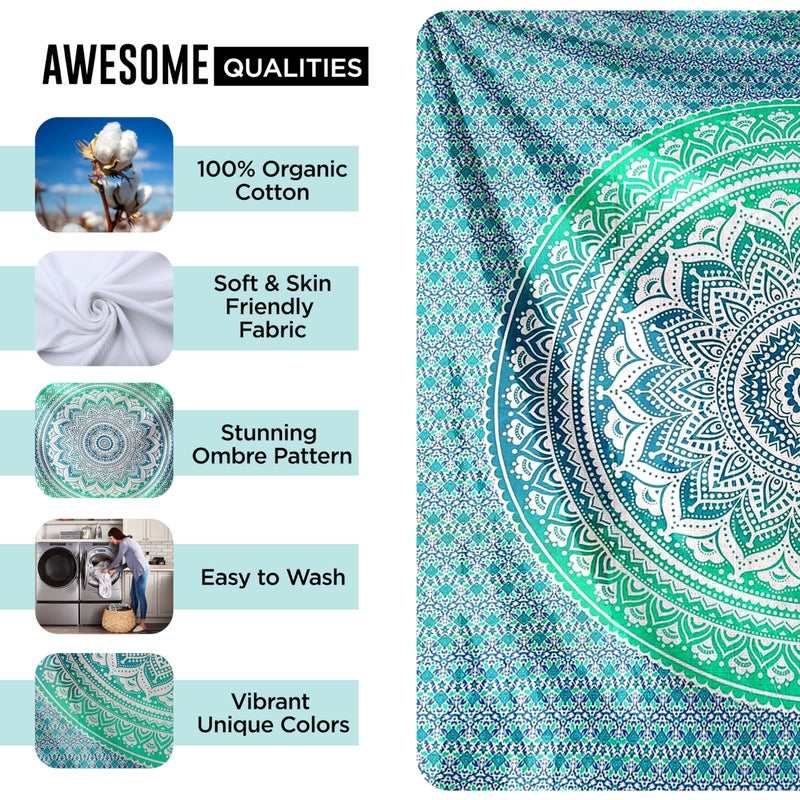 raajsee raajsee Green Ombre Mandala Tapestry Wall Hanging,Indian Cotton Beach Throw Blanket Hippie Tapestries,Boho Decor,Meditation Yoga Mat Rugs,52x82 inches  - Image 3