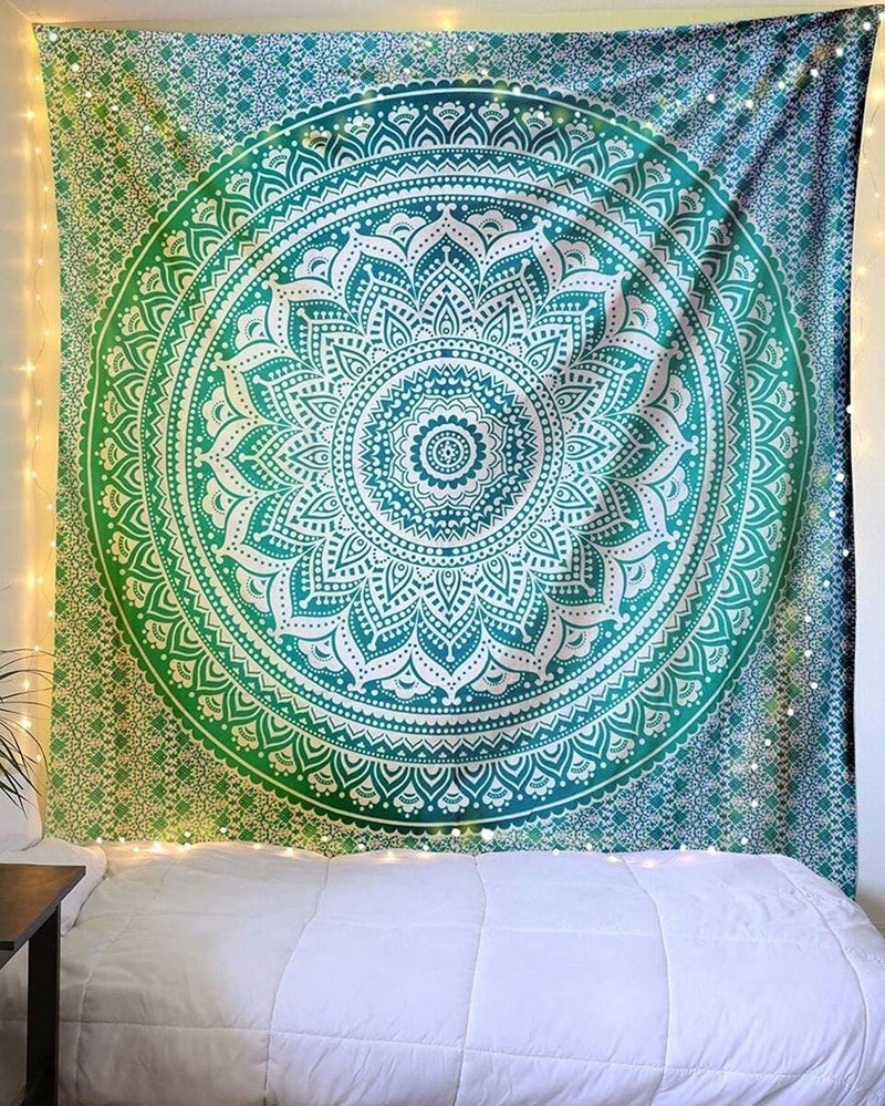 raajsee raajsee Green Ombre Mandala Tapestry Wall Hanging,Indian Cotton Beach Throw Blanket Hippie Tapestries,Boho Decor,Meditation Yoga Mat Rugs,52x82 inches  - Image 1