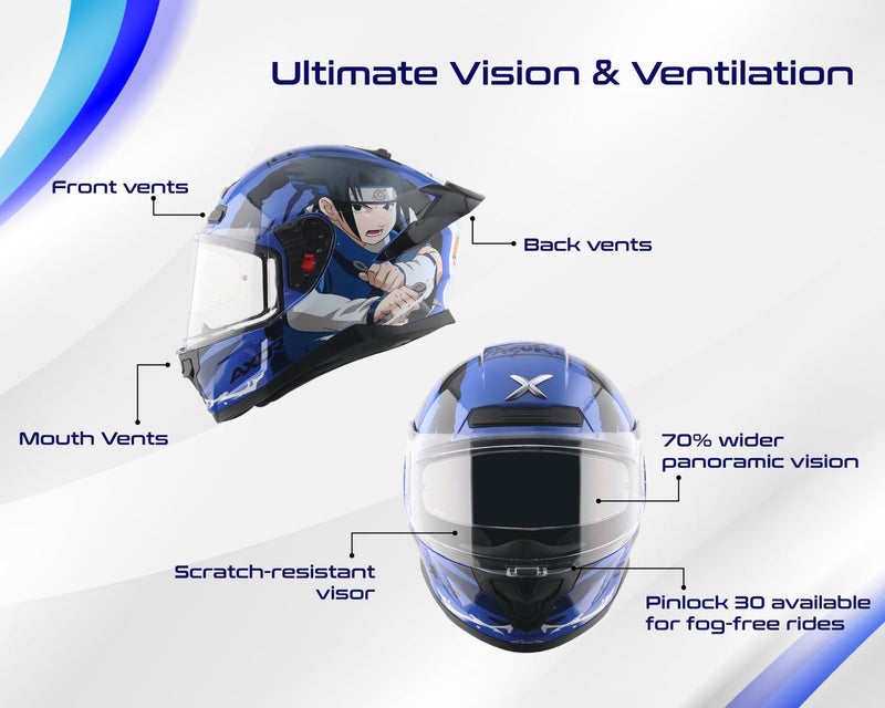 Axor Saber Sasuke ISI ECE and DOT Certified Gloss Finish Full Face Helmet for Men with Pinlock Fitted Clear Visor -Blue Black-M - Image 4