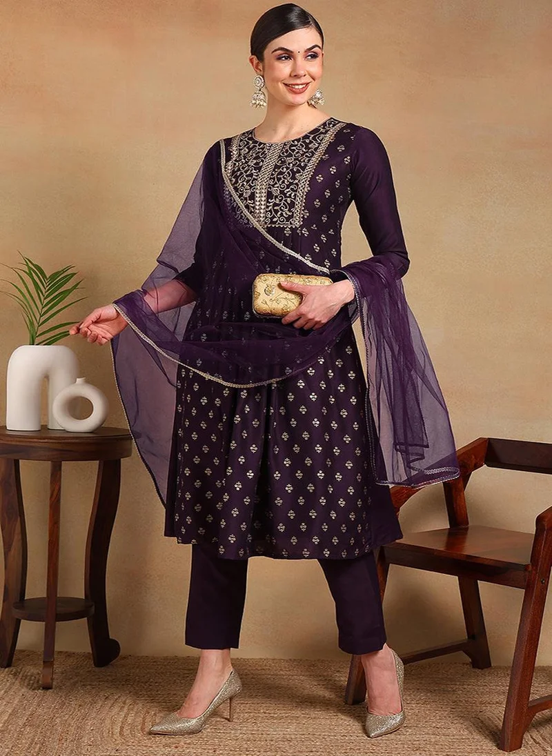 زيري سوق Purple Silk Blend Woven Design Flared Empire 3-Piece Kurta Set